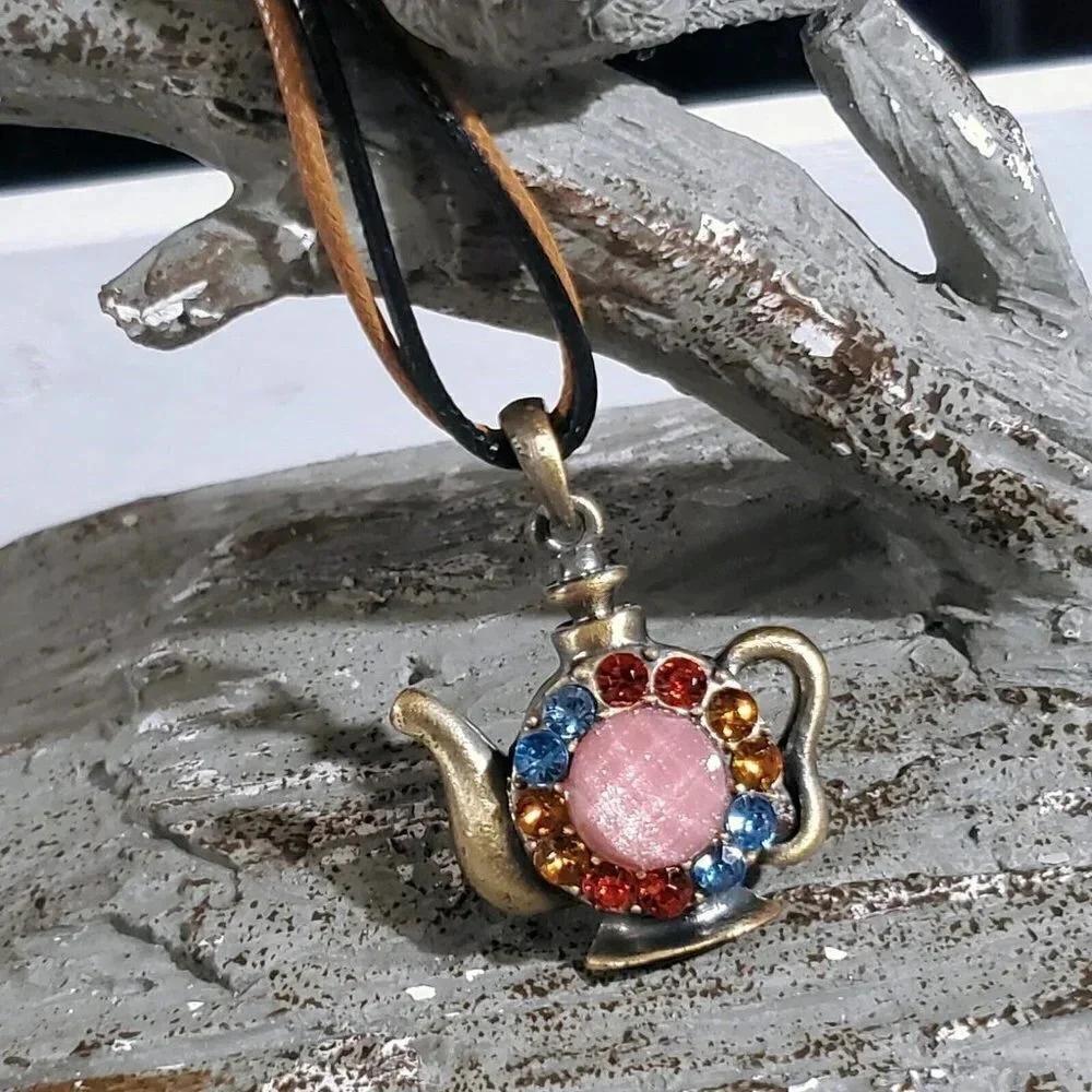 Rustic Antique Bronze Rhinestones Teapot Pendant Necklace Vegan Leather Cord - Picture 8 of 11